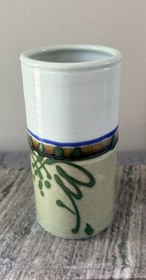 Stunning Hand Glazed Studio Potter Vase Signed Blue/Green/Tan Asian Design