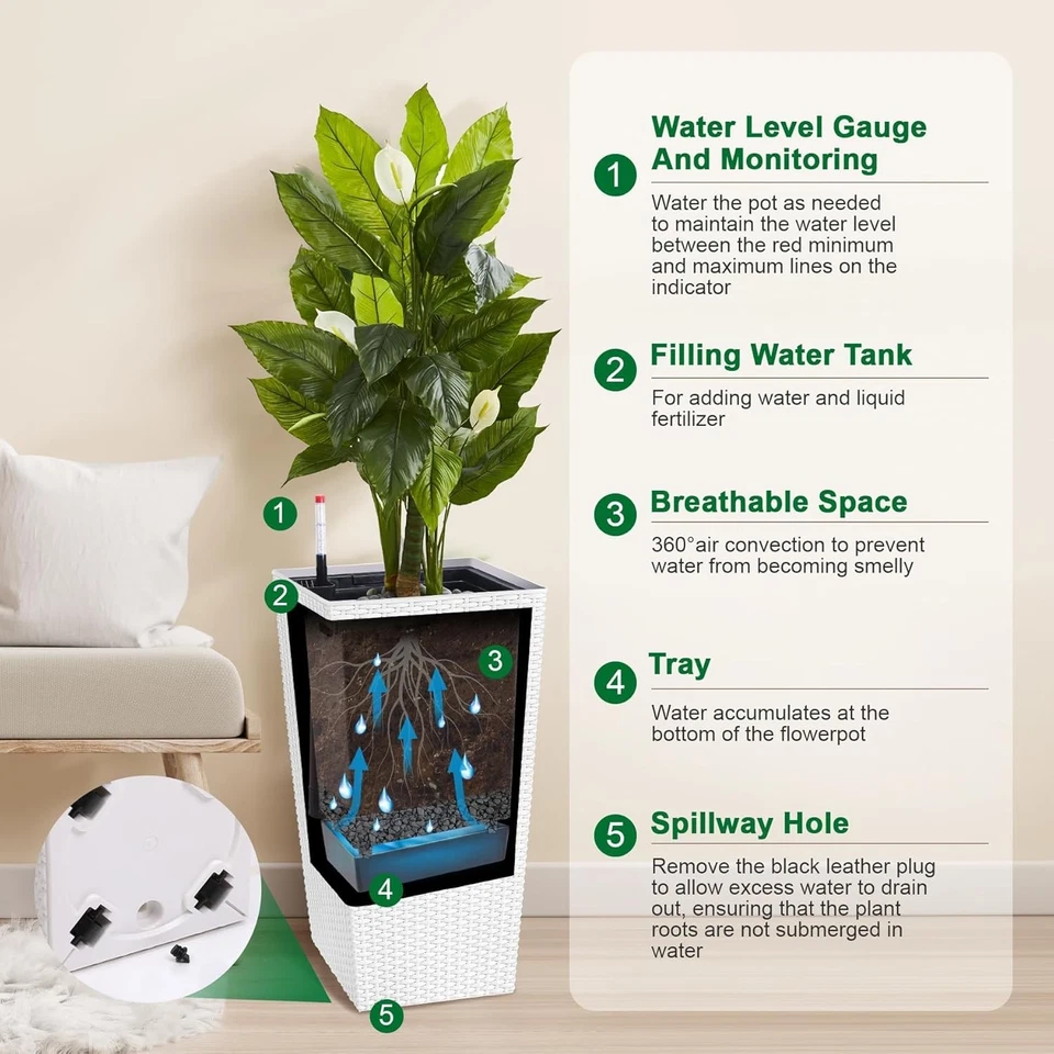 22.4-inch White Large Rattan Planter,Self-Watering with Wheels & Level Indicator - Image 4 of 4