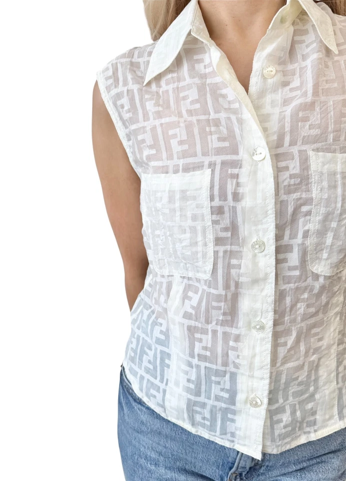 FENDI Vintage Zucca Monogram Logo See-thruogh Shirt #40 Cream Rayon Sleeveless - Image 3 of 4
