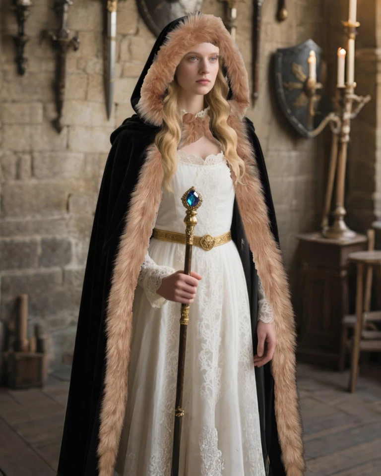 Viking Fur Hooded Cloak Medieval Velvet Cape with Hood for Halloween - Image 2 of 4