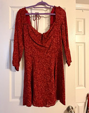 REFORMATION Red Floral Square Neck Puff 3/4 Sleeve A-Line Short Dress 12