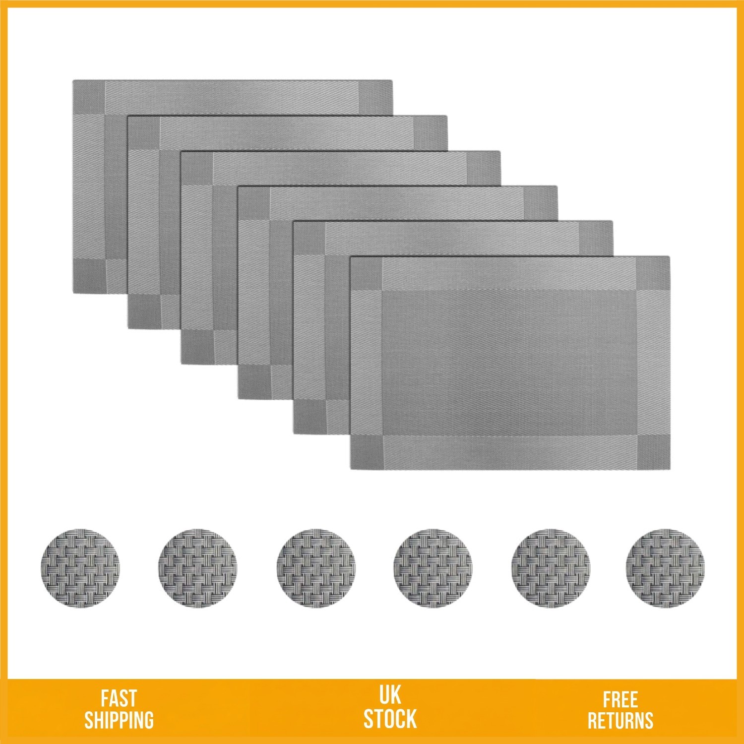 Elegant Grey Woven Vinyl Placemats with Coasters Set of 6, 45 x 30cm