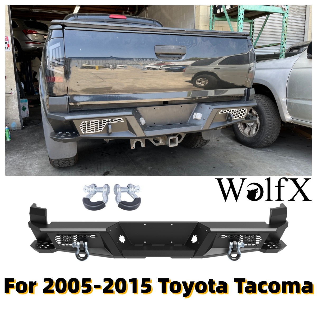 For 2005-2015 Toyota Tacoma Offroad Black Steel Rear Bumper w/POD Lights+D-Rings