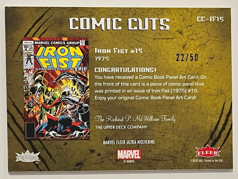 MARVEL COMIC CUT - 2022 FLEER ULTRA WOLVERINE - CC-IF15 - 22/50 - IRON FIST #15 - Image 2 of 4