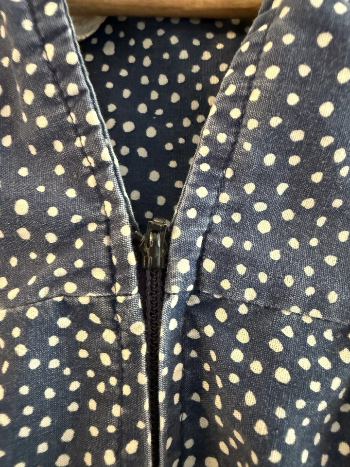 Vintage House Coat Dress L/XL Cotton Navy Polka Dot Floral Full Zip Grandma Robe - Image 2 of 4