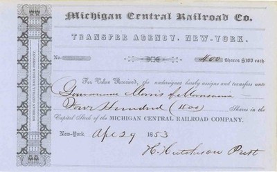 Michigan Central Railroad Co. issued to Gouverneur Morris of Morrisania - Stoc