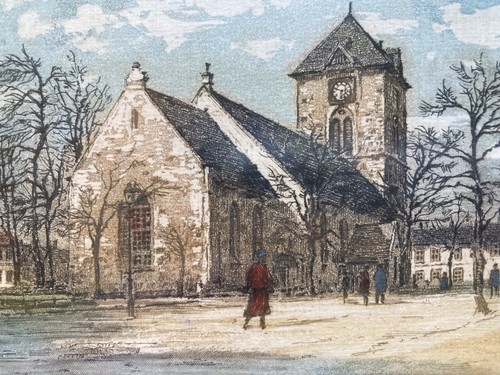 Grabado aguatinta vintage "Vår Frue Kirke" firmado Freöfer - Noruega - marco 8"x9" - Imagen 6 de 14