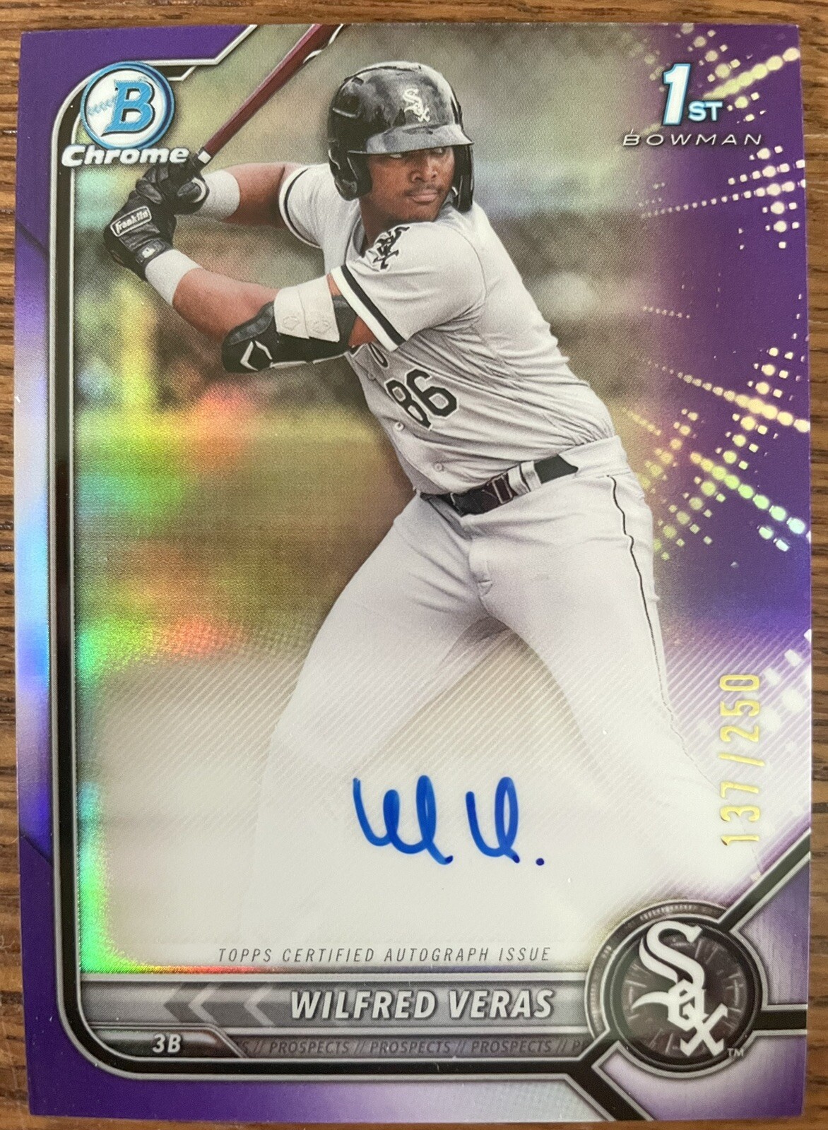 Wilfred Veras 2022 Bowman Chrome 1st Purple Refractor Auto /250 White Sox Tatis