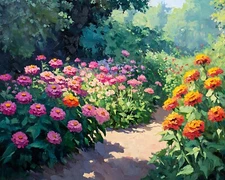 Garden with blooming zinnias oil painting 8x10 Print