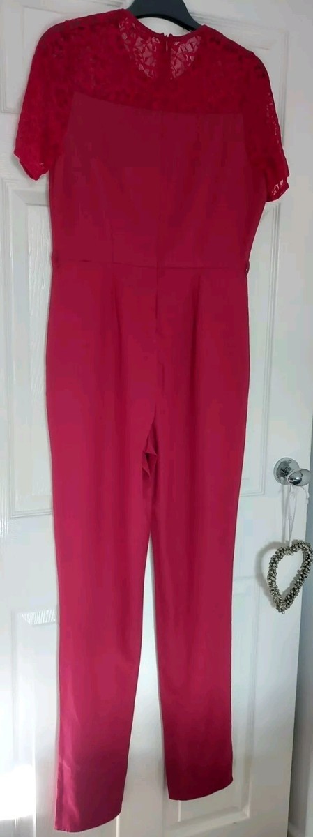MADAM RAGE Jumpsuit UK 12 Burgundy Zip Back Lace Top Sleeve 33