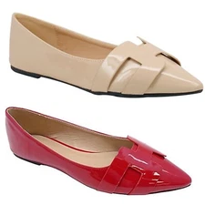 Wild Diva Women's Geometric Design Slip-On Patent PU Pointed Toe Ballet Flats