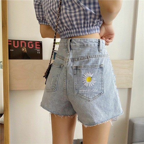 Daisy Embroidery Short Jeans Blue High 