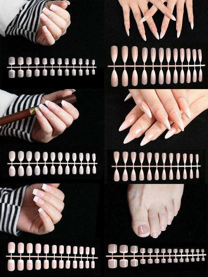 Women Girls 24 Pcs Press on False Nails Polished Painted French Manicure Beauty