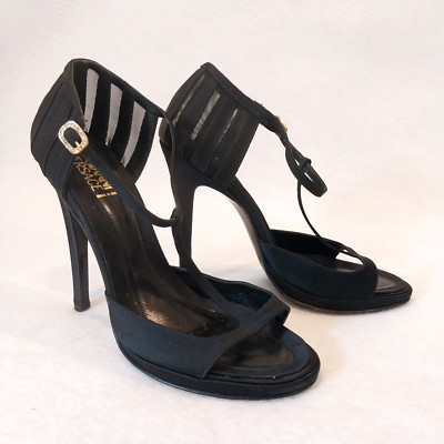 Gianni Versace 4.5'' Heels Sandals Womens 37 / 7 Black Satin Mesh T Strap Italy