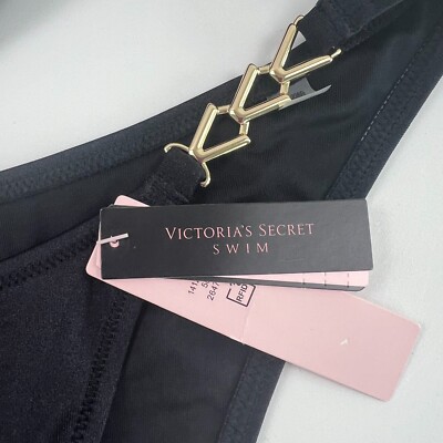 Slip Bikini Victoria's Secret Nero Satin, Schiena Aperta, Taglia S, Nuovo Con Etichette, Tulle Cristalli - Foto 4