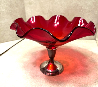 Lovely Vintage Empire Sterling Weighted Dark Amberina Glass Compote