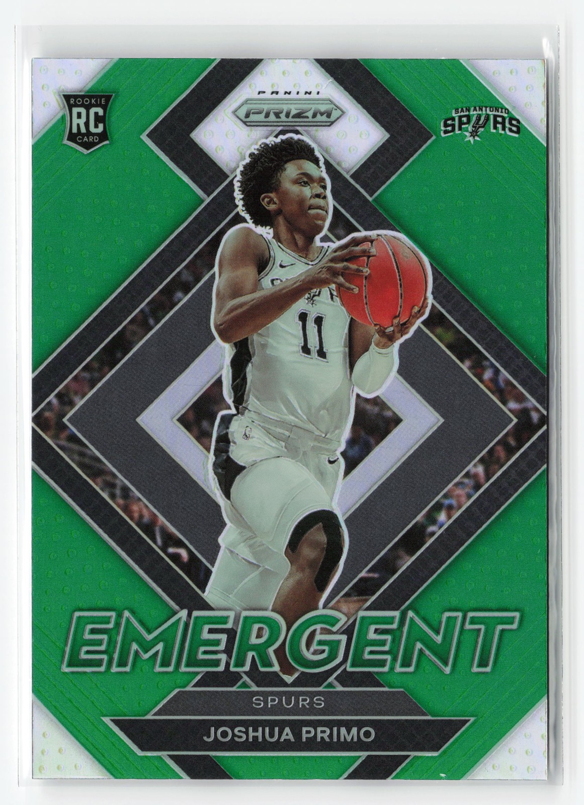 JOSHUA PRIMO #17 RC 2021-22 PANINI PRIZM SPURS RC EMERGENT GREEN
