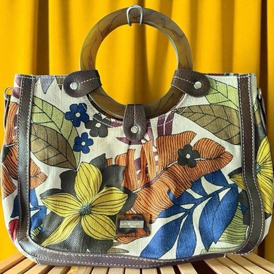 Kim Rogers Floral Canvas Purse Tote Circle Handle Yellow Orange Brown