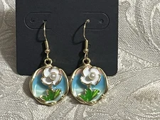 Vintage French Floral Pearl Gold Enamel Drop Dangle Bohemian Fashion Earring Set