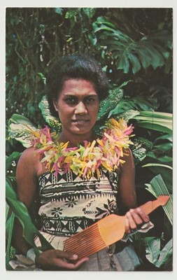Fijian Woman Traditional Dress Lei Suva Fiji Chrome Postcard