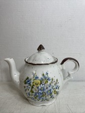 Vintage Tea Pot Japan Brown Speckled Stoneware Blue  Yellow Flowers 4 cup