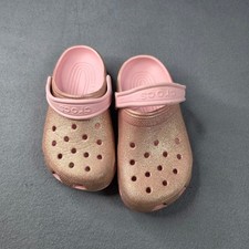Crocs Classic Glitter Clogs Kids Size J2 Rose Gold Pink Sparkle Slip On Shoes