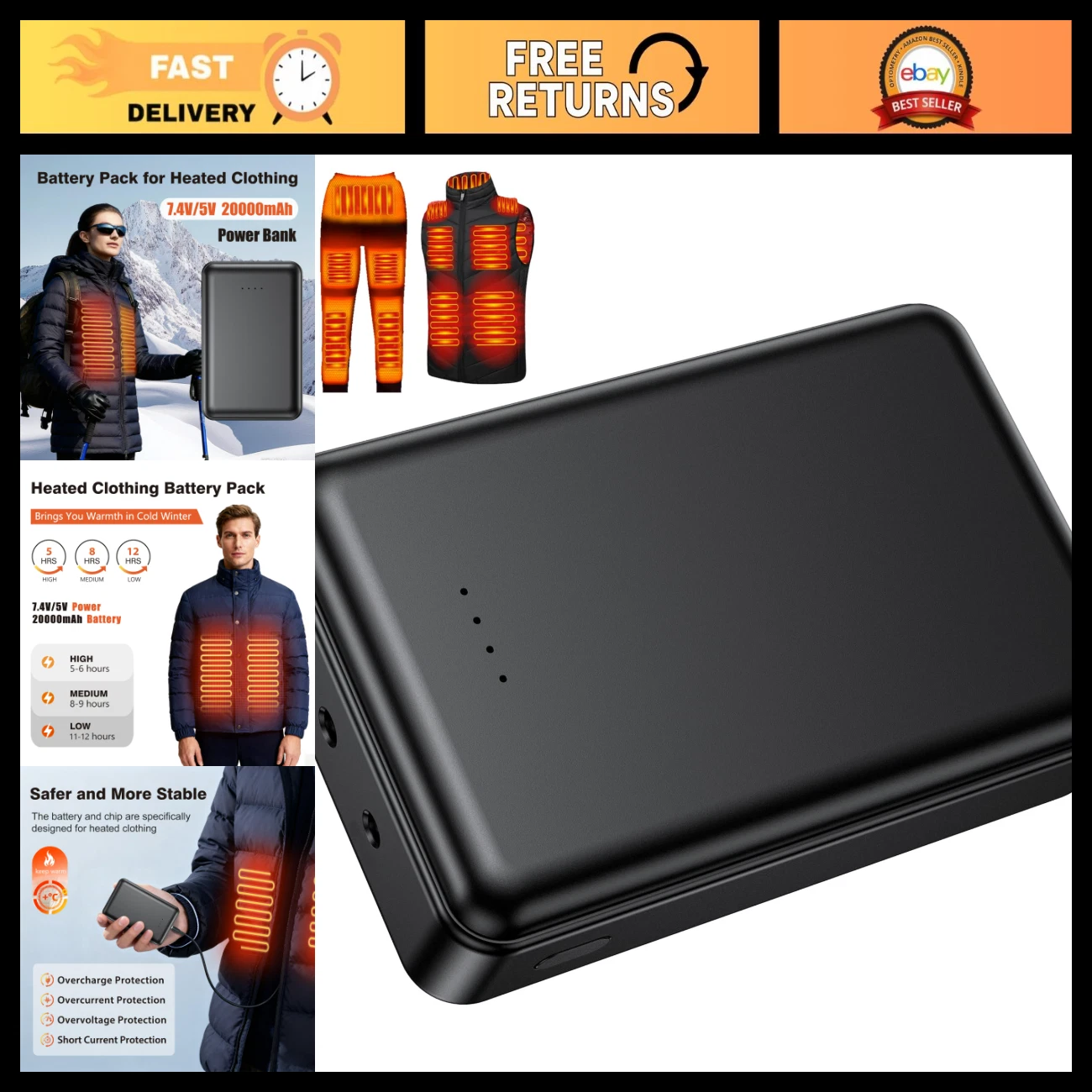 20000mAh Heated Vest Jacket Battery Pack Power Bank for Heated Clothing Men Wome - product detail image 1