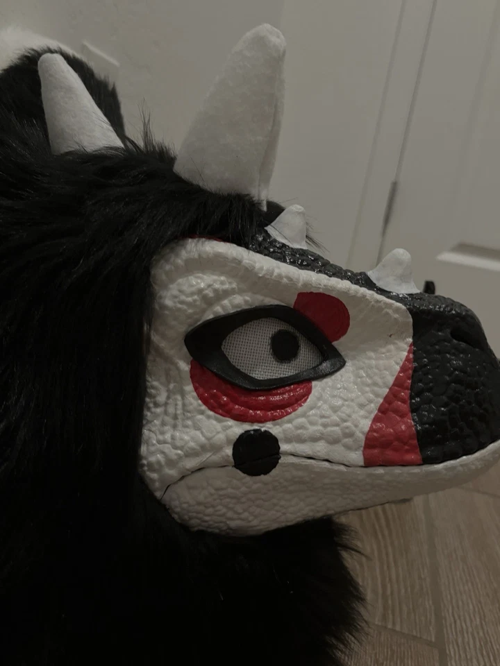 Dino Mask Fursuit Head black white and red with huge fluffy ears! - Image 3 of 4