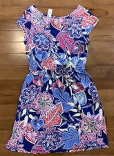 NWT Talbots Blue Pink Floral Knit Drawstring Summer Dress Pockets Cap Slv Sz L