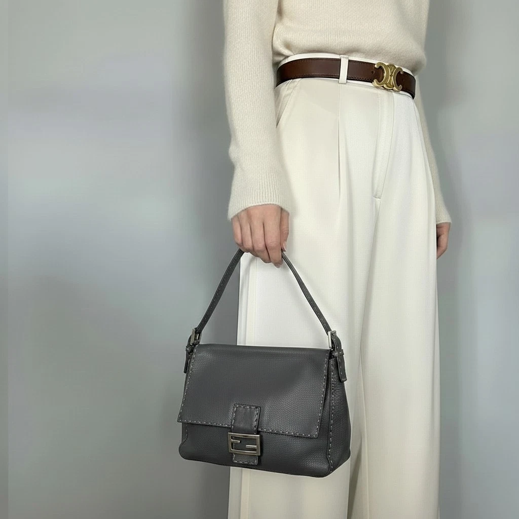 Fendi — FENDI Selleria Mamma Baguette Hand Bag Gray Leather