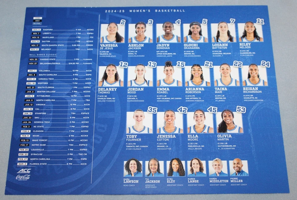 Duke Womens Basketball 2024-25 Team Photo with Schedule and Player Info on Back - Image 2 of 2