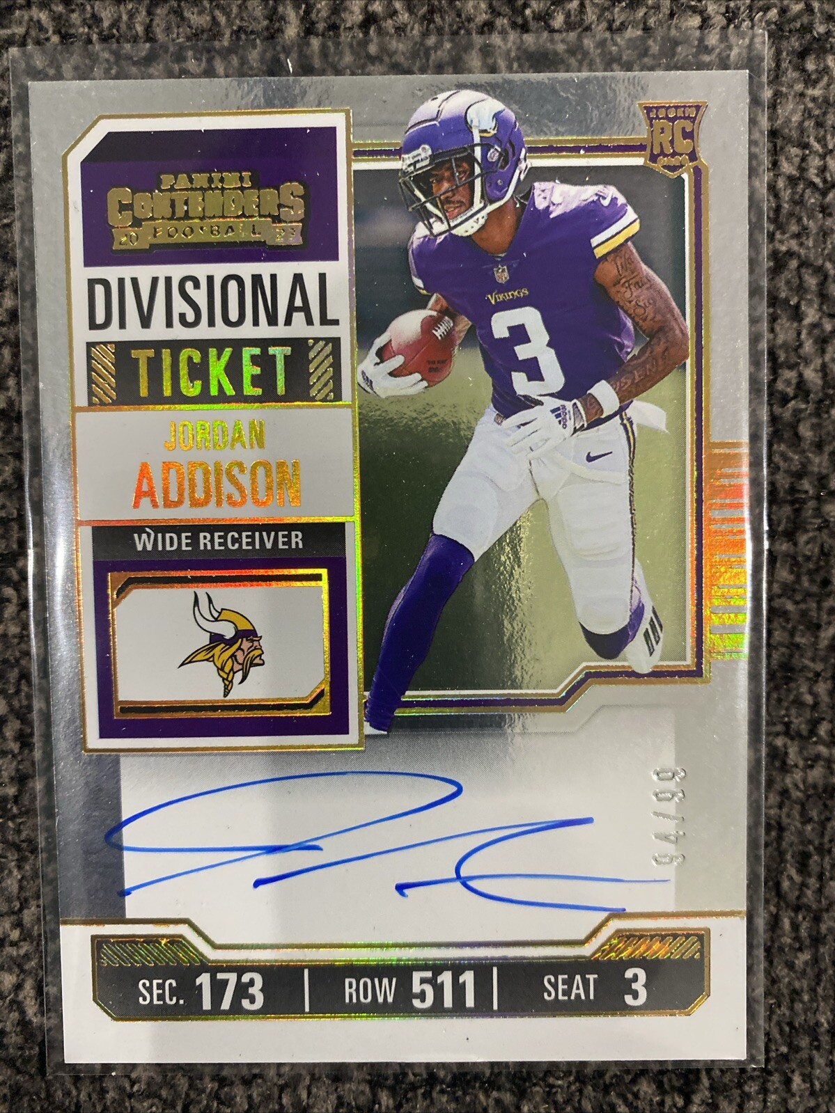 2023 Contenders JORDAN ADDISON Divisional Rookie Ticket AUTO /99 RC Vikings 🔥🏈