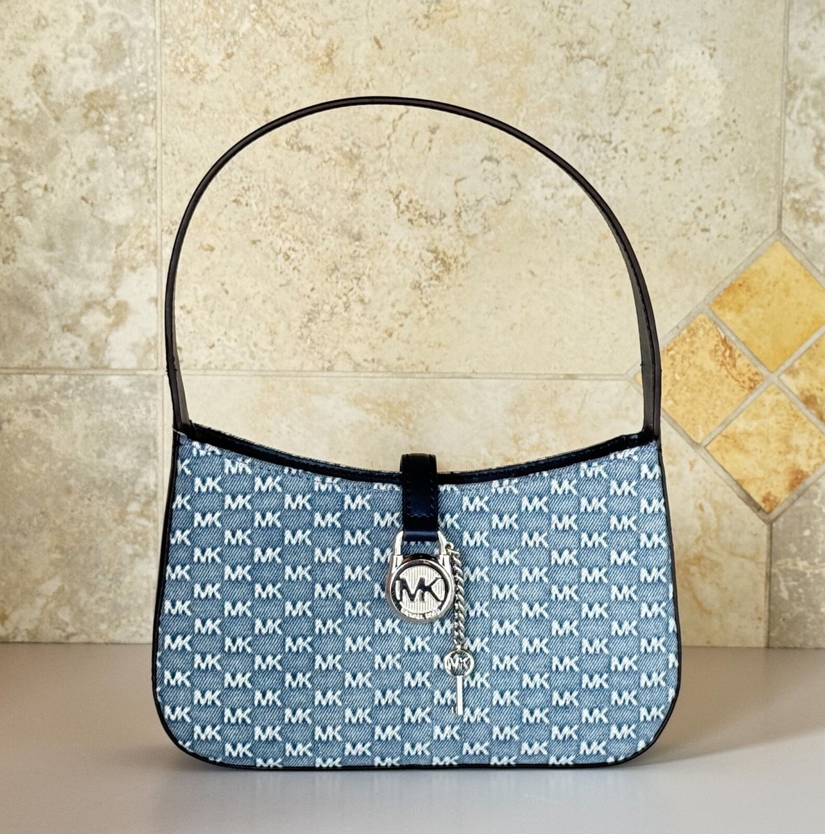 Michael Kors Lyra Small Pouchette Shoulder Bag MK Light Denim | eBay