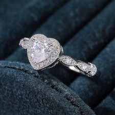 White 1.0Ct Heart Cut CZ-Stone Halo Wedding Engagement Ring 925 Sterling Silver
