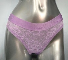 Victoria's Secret Thong Panty New Purple Petal Lace Lacie Script Logo Band S L