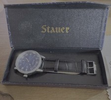 Mens Stauer Urban Blue Watch 43mm Date Dial Silver w/Leather Band Runs