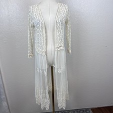 Ivory Lace Mesh Embroidered Duster Cardigan Womens Medium Sheer Fairy Ethereal