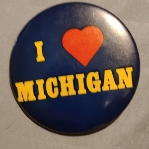 I Heart Michigan Pinback Button - Blue Yellow Red, "ULRICH'S" Back Sticker