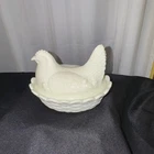Vintage Indiana Glass White Milk Glass Hen on Nest Dish – 7” Covered Chicken
