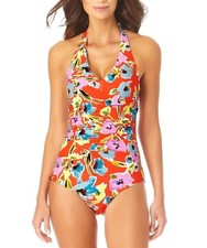 Anne Cole Floral-Print Shirred Halter One-Piece Swimsuit L5573 Size 6 NEW