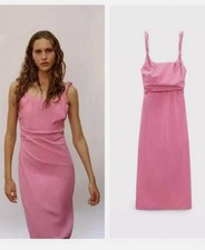 NEW Zara Pink Ruched Twisted Strap Midi Dress (XS)