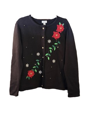 Christmas Holiday Sweater 3-D Poinsettias Black Red Ugly Xmas Party Med Vintage