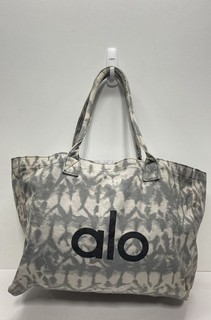 Alo Grey White Tie Dye Canvas Shopper Tote Bag Large Graphic Logo