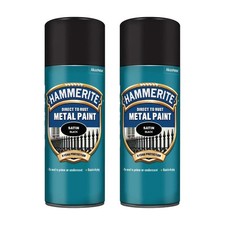 2X Hammerite Satin Black Aerosol Direct to Rust Metal Spray Paint 400ml