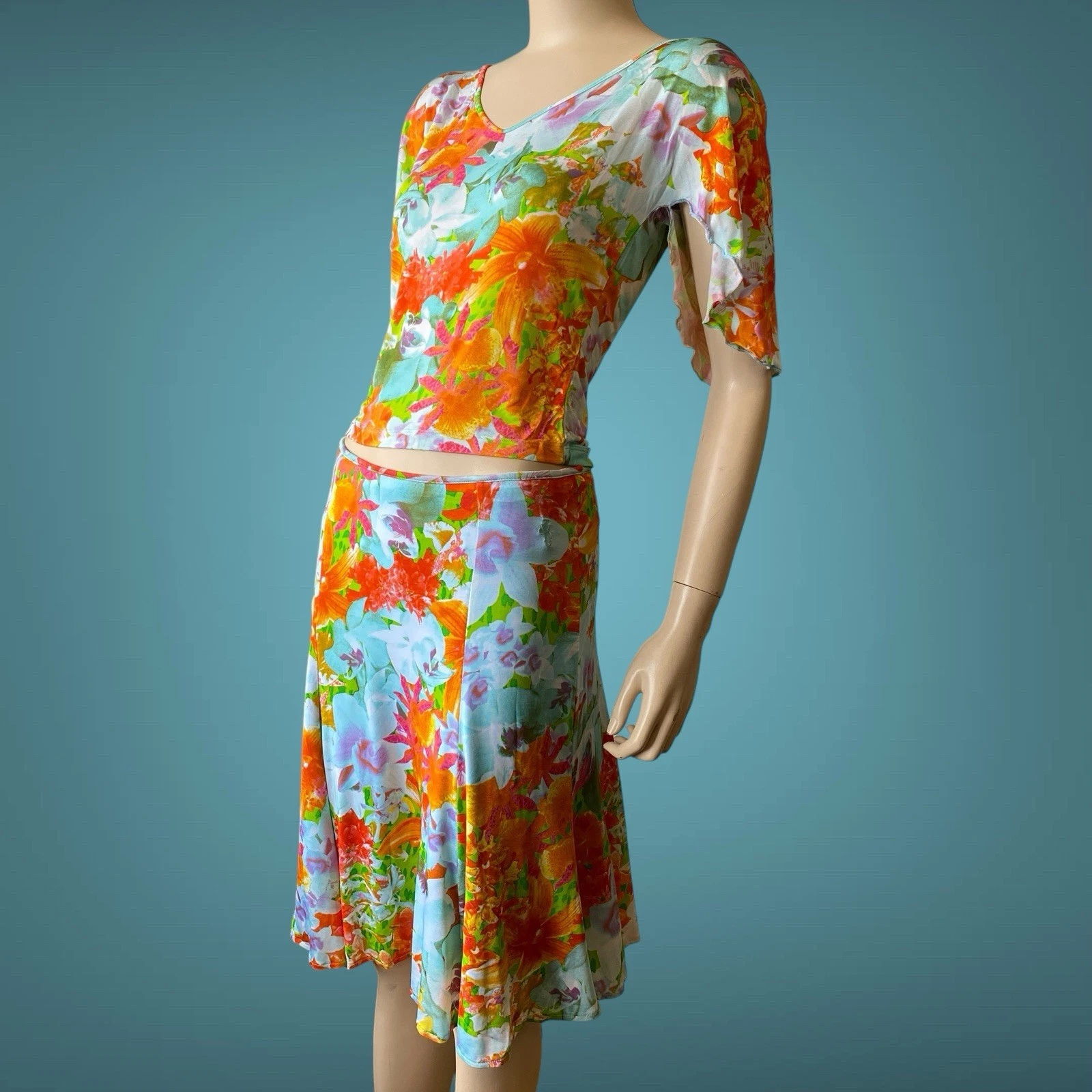 NUOVO Versace Jeans Couture SS 2006 abito floreale set camicetta + gonna taglia 44 M L