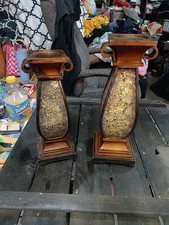 Pair of Vintage-Style Wood and Gold Crackle Pillar Candle Holders