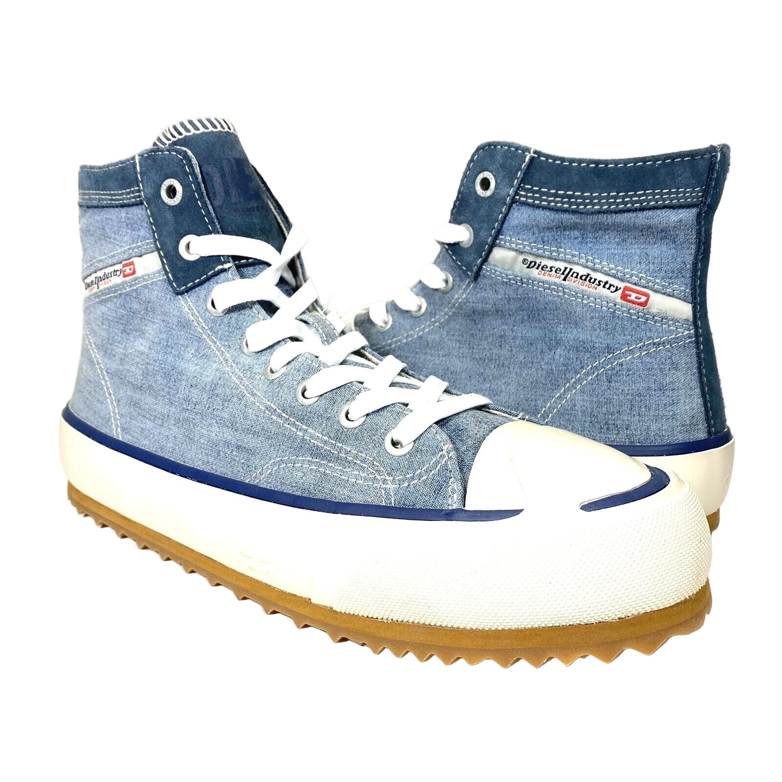 DIESEL Mens Principia Mid Top Denim Logo Sneakers Light Blue (MSRP $225)