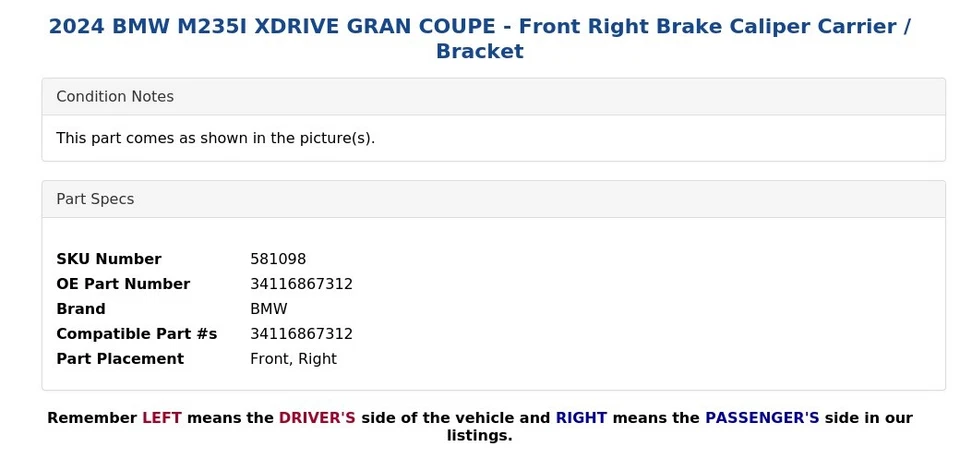 BMW M235I XDRIVE GRAN CUPÉ 2024 - Porta pinza de freno delantero derecho / soporte Foto 4 de 4
