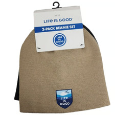 NWT Life is Good Beanie Set of 2 Logo Winter Unisex Black Khaki No Pom-Pom OS