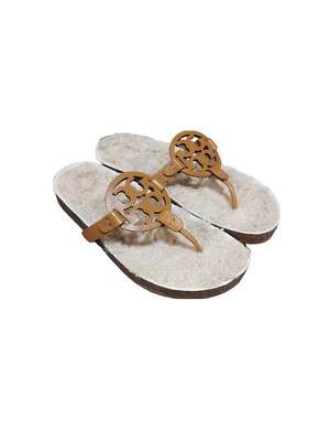 Tory Burch Miller Cloud Shearling Leather Sandal Thongs Shoe Carmel Size 